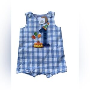 Mud Pie NWT Size 12-18 Months First Birthday Gingham Jon Jon Embroidered Romper